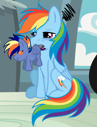 Size: 1077x1417 | Tagged: safe, artist:madlilon2051, imported from derpibooru, rainbow dash, oc, pegasus, pony, baby, baby pony, bags under eyes, base used, female, filly, foal, mare, mouth hold, offspring, parent:rainbow dash, parent:soarin', parents:soarindash