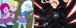 Size: 1908x700 | Tagged: safe, artist:bcvmnjmbnjnwq2344345, edit, imported from derpibooru, screencap, fuchsia blush, lavender lace, trixie, equestria girls, rainbow rocks, lightsaber, star wars, star wars: visions, trixie and the illusions, weapon