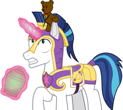 Size: 7103x6383 | Tagged: safe, artist:t.s. lightner, imported from derpibooru, shining armor, pony, unicorn, .svg available, absurd resolution, animate object, armor, canterlot wedding 10th anniversary, cookie, cookie jar, ear pull, food, jar, magic, magic aura, male, plushie, simple background, stallion, surprised, teddy bear, transparent background, vector