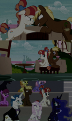 Size: 1280x2160 | Tagged: safe, edit, edited screencap, editor:jerryakiraclassics19, imported from twibooru, screencap, berry punch, berryshine, coco crusoe, dark moon, fancypants, fleur-de-lis, graphite, junebug, princess luna, rainbow stars, rainbowshine, alicorn, earth pony, pegasus, pony, unicorn, horse play, triple threat, '90s, background pony, female, image, male, mare, png, sitting, stallion