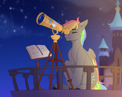 Size: 4000x3200 | Tagged: safe, artist:chamommille, imported from derpibooru, oc, oc only, oc:dark rainbow, pegasus, pony, astronomy, book, castle, colored wings, commission, constellation, eyes closed, folded wings, male, multicolored wings, night, pegasus oc, rainbow wings, sitting, solo, stallion, stars, telescope, wings, working, ych result