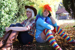 Size: 3000x2000 | Tagged: safe, artist:cubie-panda, artist:evil-overlord-laharl, imported from derpibooru, applejack, rainbow dash, human, 2011, clothes, converse, cosplay, costume, cowboy hat, duo, hat, irl, irl human, multicolored hair, photo, rainbow hair, rainbow socks, shoes, sitting, socks, striped socks