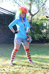 Size: 2000x3000 | Tagged: safe, artist:cubie-panda, artist:evil-overlord-laharl, imported from derpibooru, rainbow dash, human, 2011, clothes, converse, cosplay, costume, fingerless gloves, gloves, hand on hip, irl, irl human, multicolored hair, photo, rainbow hair, rainbow socks, shoes, socks, solo, striped socks