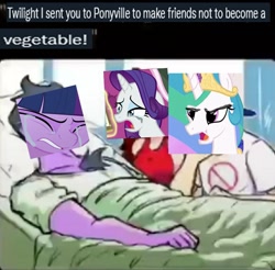 Size: 857x845 | Tagged: safe, artist:alumx, edit, imported from derpibooru, princess celestia, rarity, twilight sparkle, anthro, bed, crying, female, hospital bed, mare, text, trio