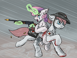 Size: 1872x1413 | Tagged: safe, artist:reddthebat, imported from derpibooru, nurse redheart, sweetie belle, earth pony, pony, unicorn, blood, browning auto-5, chest fluff, crying, duo, ear fluff, female, gun, helmet, magic, mare, medic, puddle, rain, sad, shooting, shotgun, telekinesis, trench warfare, war, weapon, world war i