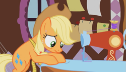 Size: 667x380 | Tagged: safe, imported from derpibooru, screencap, applejack, earth pony, pony, magical mystery cure, season 3, a true true friend, applejack's hat, bipedal, bipedal leaning, carousel boutique, cowboy hat, fabric, female, hat, leaning, mare, measuring tape, sewing, sewing machine, swapped cutie marks, youtube link