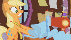 Size: 668x380 | Tagged: safe, imported from derpibooru, screencap, applejack, earth pony, pony, magical mystery cure, season 3, a true true friend, applejack's hat, bipedal, carousel boutique, cowboy hat, fabric, female, hat, mare, measuring tape, sewing, sewing machine, shocked, smoke, solo, swapped cutie marks, youtube link