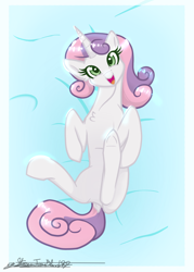 Size: 1682x2352 | Tagged: safe, artist:slightningdash, imported from derpibooru, sweetie belle, pony, unicorn, female, happy, looking at you, lying down, mare, older, older sweetie belle, smiling, smiling at you, solo