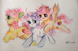 Size: 3000x1950 | Tagged: safe, artist:jile5761, imported from derpibooru, apple bloom, scootaloo, sweetie belle, earth pony, pegasus, pony, unicorn, cutie mark crusaders, female, filly, foal, traditional art