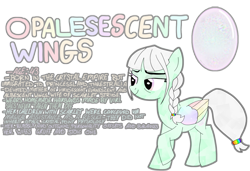 Size: 1957x1336 | Tagged: safe, artist:vilkathewolf, imported from derpibooru, oc, oc only, oc:opalescent wings, crystal pony, pegasus, braid, colored wings, female, lore, mother, multicolored wings, rainbow wings, reference sheet, simple background, solo, transparent background, wings