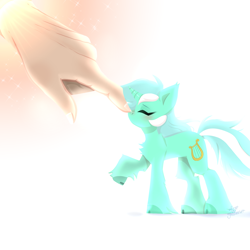 Size: 2000x2000 | Tagged: safe, artist:glotasha, imported from derpibooru, lyra heartstrings, pony, unicorn, blushing, boop, cute, digital art, eyes closed, hand, light, micro, raised hoof, shy, solo, tiny, tiny ponies