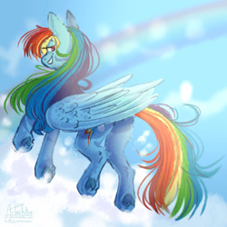 Size: 1280x1279 | Tagged: safe, artist:artem66633, imported from derpibooru, rainbow dash, butt, cloud, looking back, plot, rainbow, rainbutt dash, sky