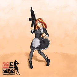 Size: 3840x3840 | Tagged: safe, artist:sleepwritten, imported from derpibooru, sunset shimmer, human, ami koshimizu, clothes, cosplay, costume, g36, girl's frontline, gun, humanized, maid, solo, voice actor joke, weapon