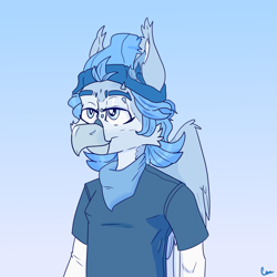 Size: 5000x5000 | Tagged: safe, artist:xasslash, imported from derpibooru, oc, oc only, oc:flynn the icecold, anthro, griffon, beanie, clothes, hat, male, piercing, simple background, solo