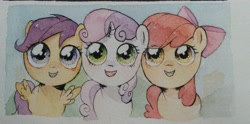 Size: 3000x1485 | Tagged: safe, artist:fantasysong864, imported from derpibooru, apple bloom, scootaloo, sweetie belle, earth pony, pegasus, pony, unicorn, cutie mark crusaders, female, filly, foal, traditional art