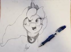 Size: 1518x1120 | Tagged: safe, artist:engi, imported from derpibooru, princess luna, alicorn, pony, crown, female, happy, jewelry, looking at you, open mouth, pencil drawing, photo, regalia, simple background, solo, traditional art