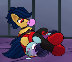 Size: 2236x1922 | Tagged: safe, artist:einboph, imported from derpibooru, oc, oc only, oc:soft step, pony, bubblegum, clothes, duo, female, femdom, food, goth, gum, headscissors, male, mare, panties, panty shot, skirt, socks, sports, stallion, stockings, thigh highs, unconscious, wrestling