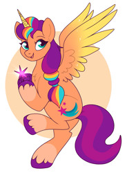 Size: 1031x1400 | Tagged: safe, artist:lulubell, imported from derpibooru, sunny starscout, alicorn, pony, colored hooves, colored wings, female, g5, gem, gradient wings, happy, heart, hoof heart, looking at you, mare, multicolored mane, multicolored wings, my little pony: a new generation, open mouth, open smile, race swap, simple background, smiling, solo, sunnycorn, tail, two toned tail, underhoof, unshorn fetlocks, upside-down hoof heart, white background, wings