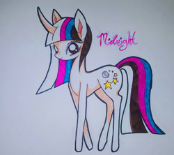 Size: 600x532 | Tagged: safe, artist:cryptidkitty, imported from derpibooru, oc, oc only, oc:midnight, pony, unicorn, female, horn, mare, pencil drawing, text, traditional art