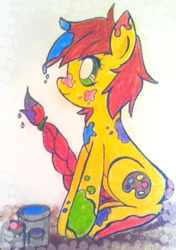 Size: 585x829 | Tagged: safe, artist:cryptidkitty, imported from derpibooru, oc, oc only, oc:paint pallet, earth pony, pony, female, mare, paint, paint can, pencil drawing, requested art, sitting, smiling, traditional art