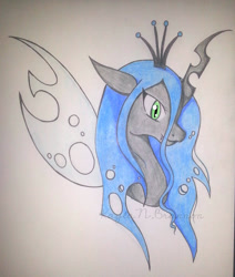 Size: 600x709 | Tagged: safe, artist:cryptidkitty, imported from derpibooru, queen chrysalis, changeling, changeling queen, pony, crown, fangs, female, floppy ears, hole, horn, jewelry, mare, pencil drawing, regalia, traditional art, wings