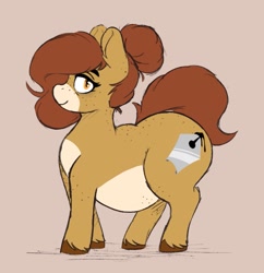 Size: 913x942 | Tagged: safe, artist:somefrigginnerd, imported from derpibooru, oc, oc only, oc:pencil test, earth pony, pony, back freckles, chubby, colored hooves, earth pony oc, fat, female, freckles, hair bun, profile, simple background, solo, unshorn fetlocks