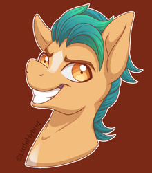 Size: 792x900 | Tagged: safe, artist:littlehybridshila, imported from derpibooru, hitch trailblazer, earth pony, pony, brown background, bust, g5, male, simple background, smiling, solo, stallion