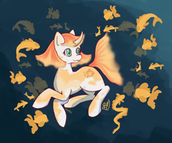 Size: 1800x1500 | Tagged: safe, artist:bitpony, imported from derpibooru, oc, oc only, fish, goldfish, pony, unicorn, bubble, female, green eyes, horn, mare, ocean, orange mane, signature, smiling, solo, swimming, underwater, water