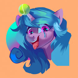 Size: 999x999 | Tagged: safe, artist:jazzynsfw, imported from derpibooru, izzy moonbow, pony, unicorn, ball, g5, horn, hornball, izzy's tennis ball, mawshot, open mouth, open smile, smiling, solo, starry eyes, tennis ball, tongue out, wingding eyes