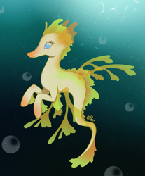 Size: 1653x2000 | Tagged: safe, artist:bitpony, imported from derpibooru, oc, oc only, hybrid, merpony, seapony (g4), blue eyes, bubble, crepuscular rays, dorsal fin, female, fins, fish tail, leafy seadragon, mare, ocean, smiling, solo, sunlight, tail, underwater, water