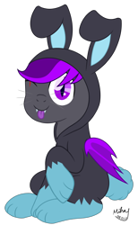 Size: 1632x2650 | Tagged: safe, artist:mihay, imported from derpibooru, oc, oc:moonlight thunder, bat pony, pony, ;p, animal costume, bunny costume, clothes, commission, costume, dangerous mission outfit, easter, goggles, holiday, hoodie, looking at you, male, one eye closed, raised hoof, simple background, sitting, solo, tongue out, transparent background, wink, winking at you, ych result