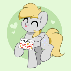 Size: 4170x4146 | Tagged: safe, artist:kittyrosie, imported from derpibooru, derpy hooves, pegasus, pony, :p, blushing, cute, derpabetes, eyes closed, happy, heart, muffin, raspberry, sign, smiling, solo, that pony sure does love muffins, tongue out