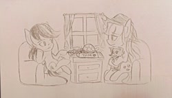 Size: 640x367 | Tagged: safe, artist:snowzaaah, imported from derpibooru, applejack, rainbow dash, tank, winona, earth pony, pegasus, pony, appledash, appledashdailydoodles, doodle, female, lesbian, monochrome, pencil drawing, shipping, sketch, traditional art