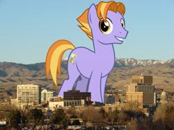 Size: 1632x1224 | Tagged: safe, artist:cheezedoodle96, artist:thegiantponyfan, edit, imported from derpibooru, auburn vision, earth pony, pony, boise, friendship student, giant pony, giant/macro earth pony, highrise ponies, idaho, irl, looking at you, macro, male, mega giant, photo, ponies in real life, smiling, solo, stallion