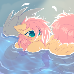 Size: 1000x1000 | Tagged: safe, artist:mirtash, imported from derpibooru, fluttershy, pegasus, pony, crying, feather, solo, underwater, water, wings