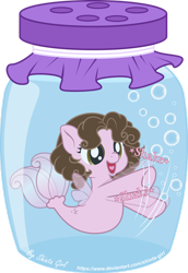 Size: 900x1306 | Tagged: safe, artist:shinta-girl, imported from derpibooru, oc, oc only, oc:shinta pony, merpony, seapony (g4), bubble, fin wings, fins, fish tail, jar, open mouth, signature, simple background, smiling, solo, tail, transparent background, underwater, water, wings