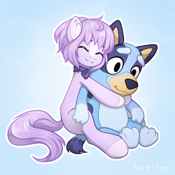 Size: 2000x2000 | Tagged: safe, artist:inowiseei, imported from derpibooru, oc, oc only, oc:mio, earth pony, pony, bluey, bluey heeler, hug, plushie, solo