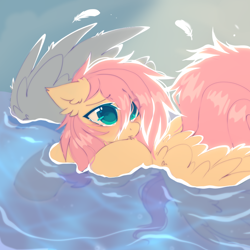 Size: 1000x1000 | Tagged: safe, artist:mirtash, imported from derpibooru, fluttershy, pegasus, pony, backlighting, cute, daaaaaaaaaaaw, eye clipping through hair, looking up, messy mane, partially open wings, pegaduck, shyabetes, solo, swimming, water, wings