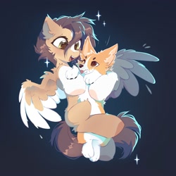 Size: 2000x2000 | Tagged: safe, artist:mirtash, imported from derpibooru, oc, oc only, corgi, dog, pegasus, pony, ;p, blaze (coat marking), blushing, coat markings, colored hooves, colored pinnae, colored wings, cute, dark background, ear fluff, eye clipping through hair, facial markings, happy, hug, leg fluff, looking at each other, looking at someone, missing cutie mark, one eye closed, open mouth, pale belly, pegasus oc, recipient:apple nettle, socks (coat markings), solo, spread wings, tongue out, two toned wings, wing fluff, wings, wink