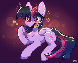 Size: 2228x1802 | Tagged: safe, artist:gicme, imported from derpibooru, twilight sparkle, alicorn, pony, blushing, chest fluff, eye clipping through hair, female, heart, high res, mare, open mouth, open smile, raised hoof, signature, smiling, solo, stars, twilight sparkle (alicorn)