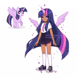 Size: 900x900 | Tagged: safe, alternate version, artist:bambieyhs, color edit, edit, editor:diameltzowo, imported from derpibooru, twilight sparkle, alicorn, human, clothes, converse, cute, cutie mark, cutie mark on human, dark skin, eyelashes, female, horn, horned humanization, humanized, kneesocks, long hair, necktie, pleated skirt, shoes, simple background, skin color edit, skirt, sneakers, socks, solo, sparkly eyes, twilight sparkle (alicorn), white background, wingding eyes, winged humanization, wings