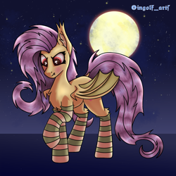 Size: 3375x3375 | Tagged: safe, artist:ingolf arts, imported from derpibooru, fluttershy, bat pony, pony, bat ponified, chest fluff, clothes, cute, ear fluff, eye reflection, female, flutterbat, full moon, high res, looking sideways, mare, moon, night, race swap, red eyes, reflection, socks, starry night, stars, striped socks, three quarter view, wings