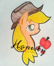 Size: 600x732 | Tagged: safe, artist:cryptidkitty, imported from derpibooru, applejack, earth pony, pony, apple, applejack's hat, cowboy hat, female, food, hat, honesty, mare, pencil drawing, smiling, text, traditional art