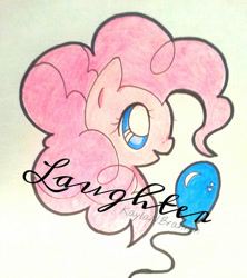 Size: 600x675 | Tagged: safe, artist:cryptidkitty, imported from derpibooru, pinkie pie, earth pony, pony, balloon, female, mare, pencil drawing, smiling, text, traditional art