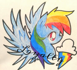 Size: 600x544 | Tagged: safe, artist:cryptidkitty, imported from derpibooru, rainbow dash, pegasus, pony, cloud, female, loyalty, mare, multicolored hair, pencil drawing, rainbow, rainbow hair, smiling, spread wings, text, traditional art, wings