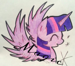 Size: 600x535 | Tagged: safe, artist:cryptidkitty, imported from derpibooru, twilight sparkle, alicorn, pony, eyes closed, female, horn, mare, pencil drawing, smiling, sparkles, spread wings, text, traditional art, twilight sparkle (alicorn), wings