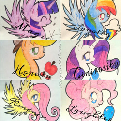 Size: 600x600 | Tagged: safe, artist:cryptidkitty, imported from derpibooru, applejack, fluttershy, pinkie pie, rainbow dash, rarity, twilight sparkle, alicorn, earth pony, pegasus, pony, unicorn, apple, balloon, cloud, diamond, eyes closed, female, food, generosity, honesty, horn, kindness, loyalty, mare, multicolored hair, pencil drawing, rainbow, rainbow hair, smiling, sparkles, spread wings, text, traditional art, twilight sparkle (alicorn), wings