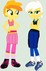 Size: 298x464 | Tagged: safe, artist:matthewjabeznazarioa, imported from derpibooru, peachy pie, sunny daze, human, equestria girls, crossover, equestria girls-ified, exeron fighters, martial arts kids, martial arts kids outfits