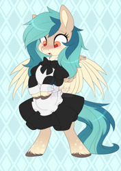 Size: 752x1063 | Tagged: safe, artist:scarlet-spectrum, imported from derpibooru, part of a set, oc, oc only, oc:peacher, pegasus, abstract background, bipedal, blushing, clothes, commission, cute, dress, female, maid, mare, pegasus oc, solo, spread wings, surprised, watermark, wings, ych result