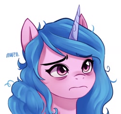 Size: 1723x1626 | Tagged: safe, artist:maren, imported from derpibooru, izzy moonbow, pony, unicorn, bags under eyes, bust, cute, eyebrows, eyebrows visible through hair, female, frown, g5, izzy moodbow, izzybetes, mare, messy mane, my little pony: make your mark, sad, sadorable, signature, simple background, solo, tired, white background